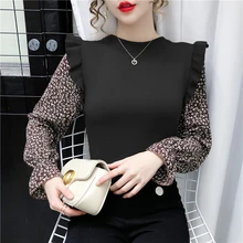 2020 New Women Ruffles Sweater Pullover Top Patchwork Printed Chiffon Full Flare Sleeve Sweaters Pullovers For Female