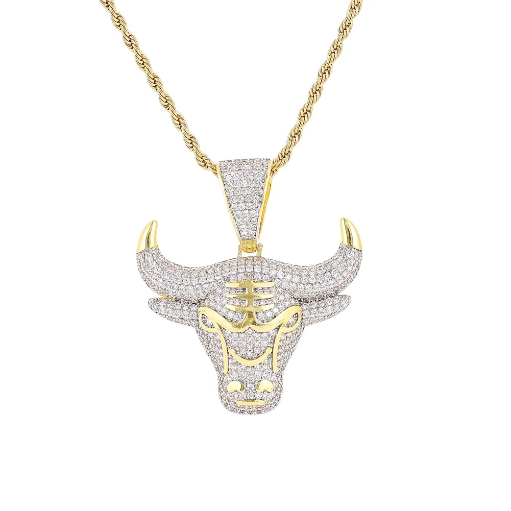 

Young Tulip popular rhinestone hip hop bull head shape pendant necklace rock fashion chain high quality necklace good gifts