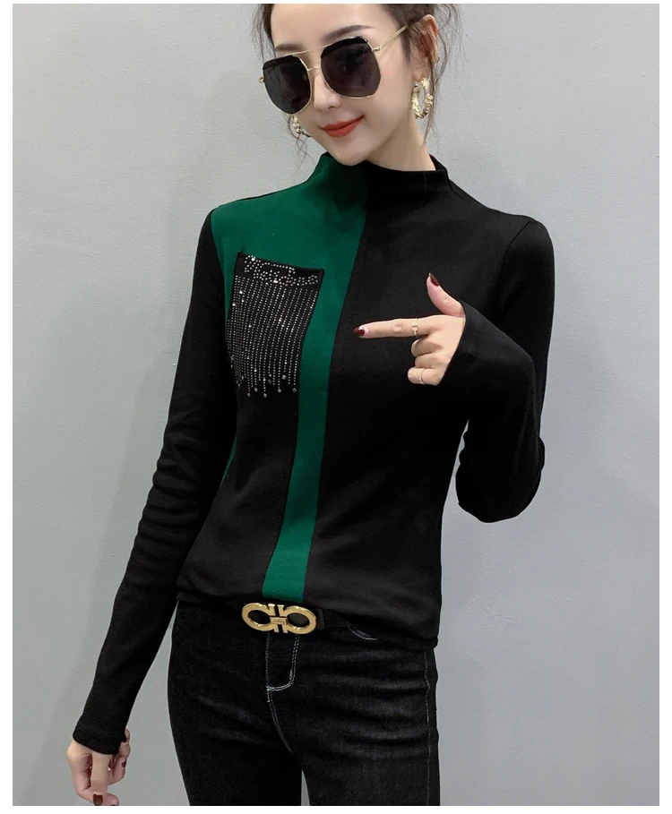 Корейская тонкая рубашка с длинным рукавом для женщин Blusas Mujer De Moda Модные топы для офисных леди, повседневные топы с круглым вырезом и стразами 7840 50