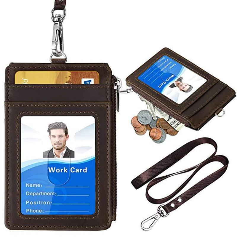 Office Unisex PU Leather ID Badge Card Holder Wallet with 5 Card Slots 1 Side RFID Blocking Pocket with Neck Lanyard Strap leather wallet wallet card holder card holder credit card holder credit card wallet business card holder