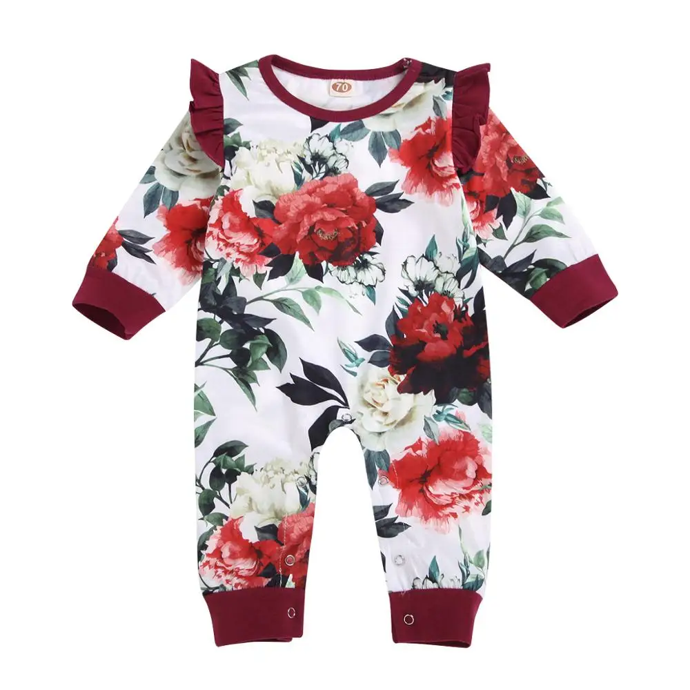 Милый комбинезон с цветочным принтом для новорожденных девочек от 0 до 24 месяцев комбинезон с длинными рукавами, хлопковый комбинезон с оборками, теплая весенняя одежда - Цвет: D09-R