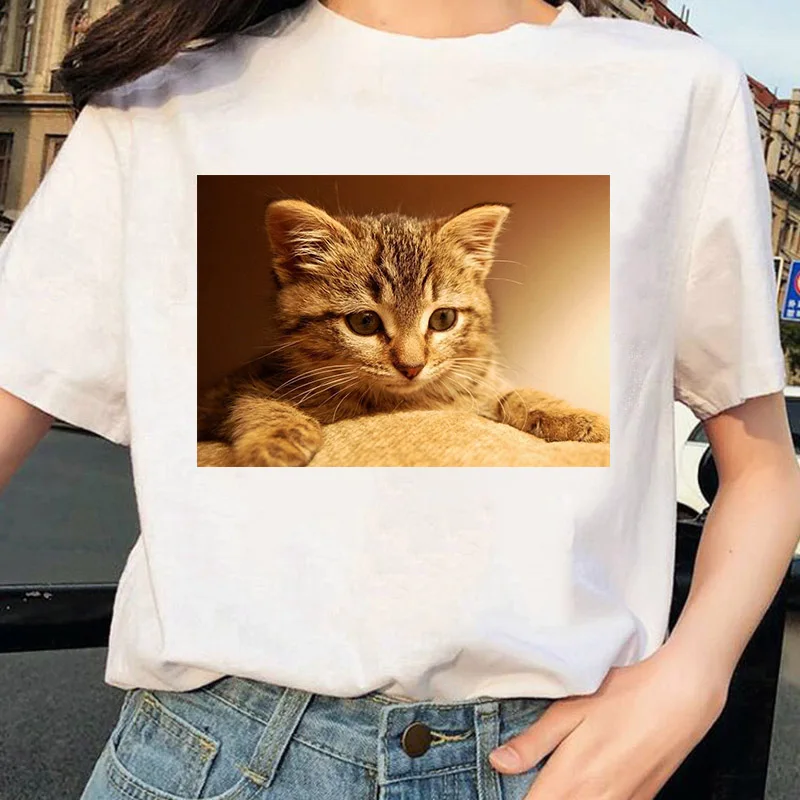 Kawaii модные женские футболки с милым принтом кота футболка коротким рукавом для