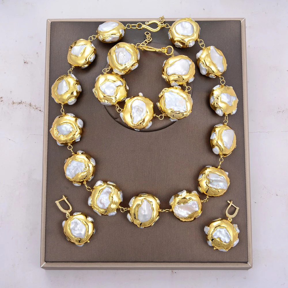 

Natural Freshwater Cultured White Keshi Pearl Gold Color Plated Wrap Bracelet Necklace Earrings Sets Punk Style