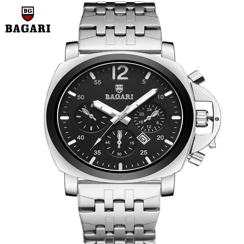 

Bagari Watch Fake Three-Eyed Simple Watch Men Steel Belt Quartz Watch Sports Waterproof Watch