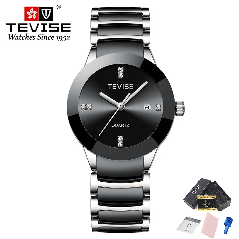 TEVISE женские часы T845LS кварцевые часы женские модные повседневные керамические женские часы водонепроницаемые наручные часы фиксирующий инструмент дропшиппинг - Цвет: Black Silver Tool