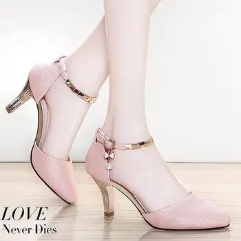 

PZMYCS 2019 new high-heeled shoes thin with a word with beaded pointed fashion shallow sandals female golden silver pink sandals