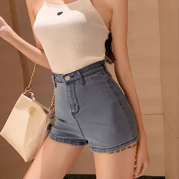 

2020 Summer Korean Skinny High Waist Denim Shorts Woman Simple Solid Slim Sexy Women Fashion Buttoned Plus Size Women'S Shorts