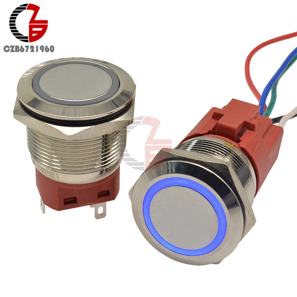 

22MM Push Button Switch 250V 5A Self Resetting Circle Round Blue LED Ring Light Switch 9-24V for Car Auto