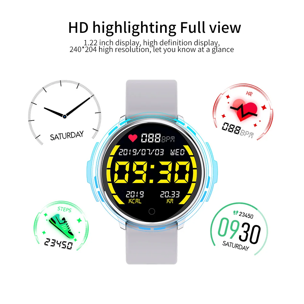 RUNDOING R7, женские Смарт-часы, 1,22 экран, водонепроницаемые, музыка, кровяное давление, монитор, кислород, мужские спортивные Смарт-часы, Android iOS часы