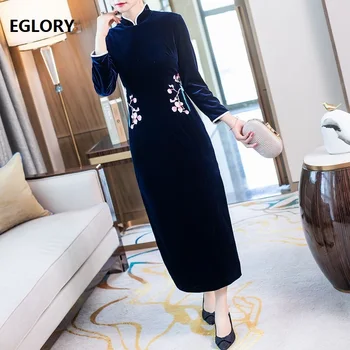 

2020 Spring Velvet CheongSam Modified Version Of The Dress Young Models Long Section Long-Sleeved embroidery Qi Pao Chinese
