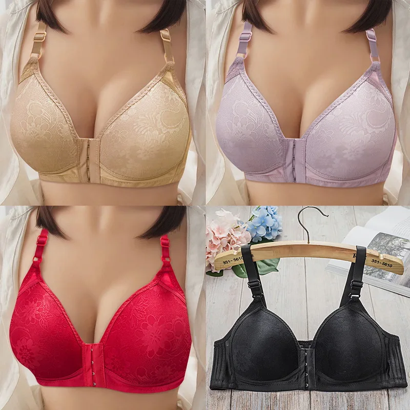 Women Lace Printing Push Up Bras No Wire Wireless Bralette Brassiere Solid Gather Bras Deep V Front Buckle Anti-Sag Underwear