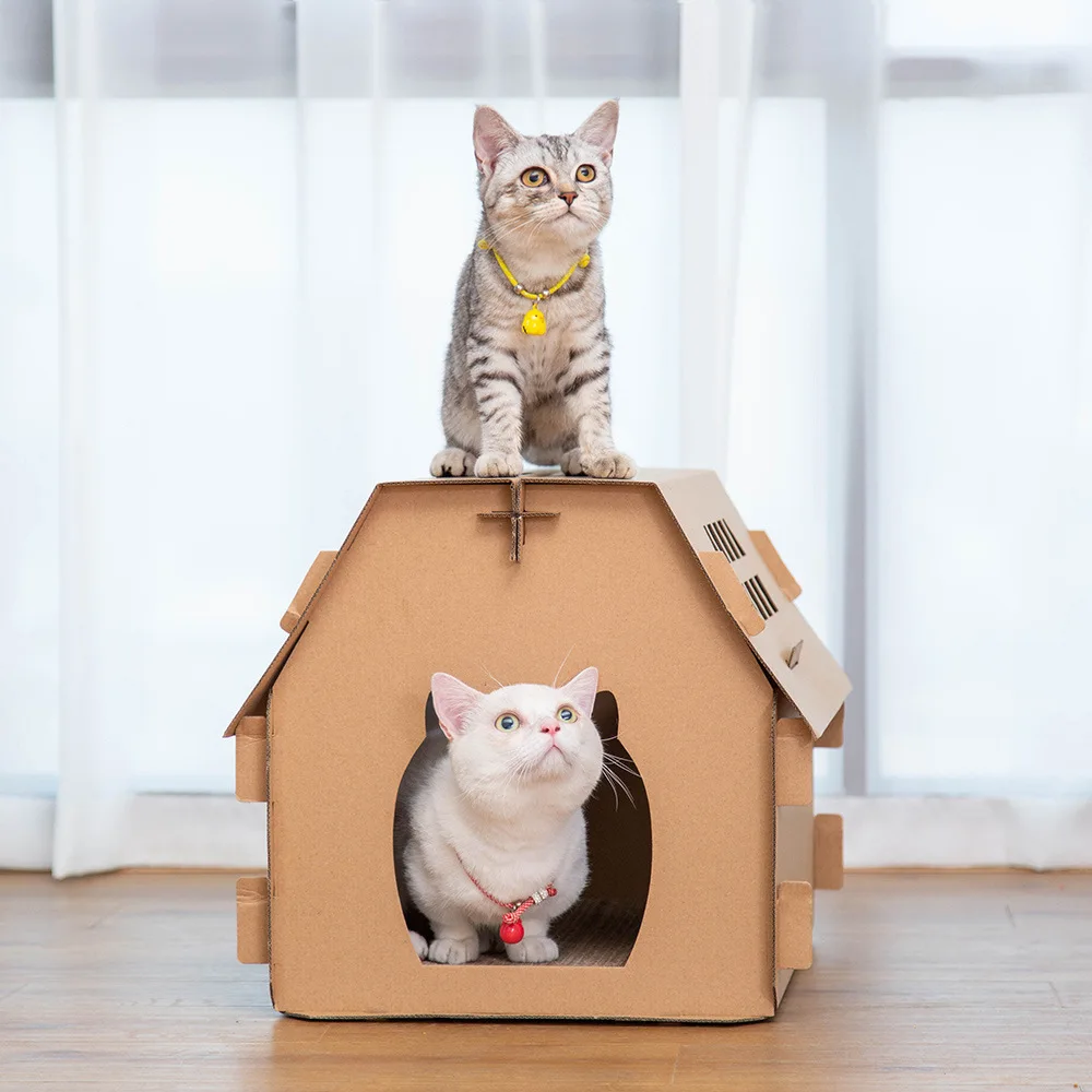 Мебель для домашних животных DIY картонная коробка домик для кошек имеет небольшие оконные инструменты скретч доска самостоятельная сборка котенок Крытый гофрированный бумажный дом