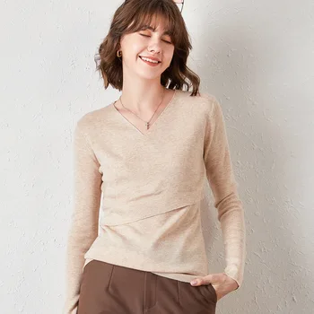 

New women's long-sleeved V-neck thin solid color knitted bottoming T-shirt