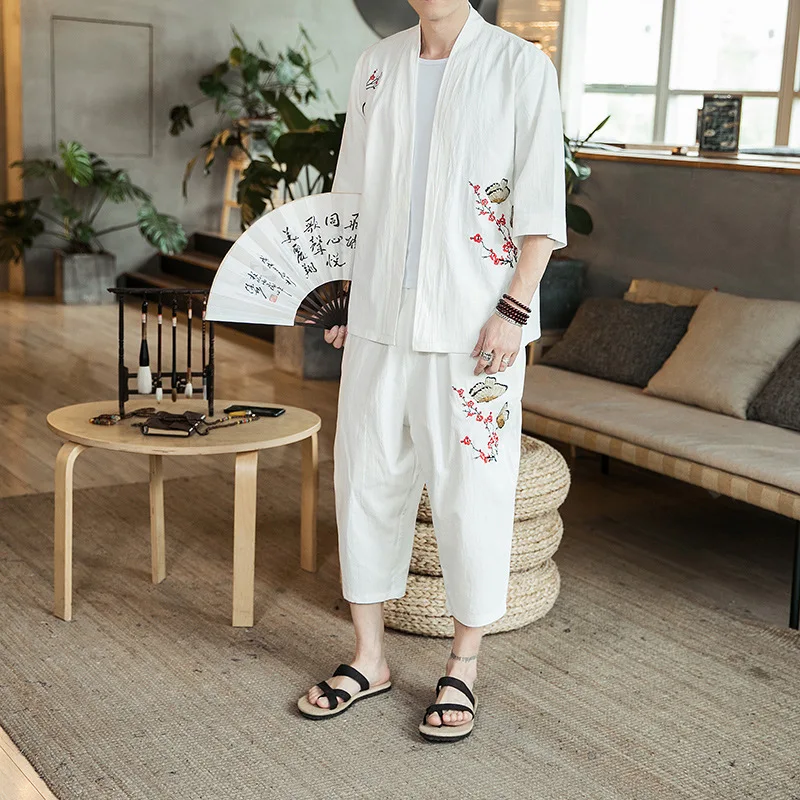 

2019 New Style Flax Summer Men Flower Embroidered Chinese Clothing Loose-Fit Chinese-style Three-piece Set Collocation Short Sle