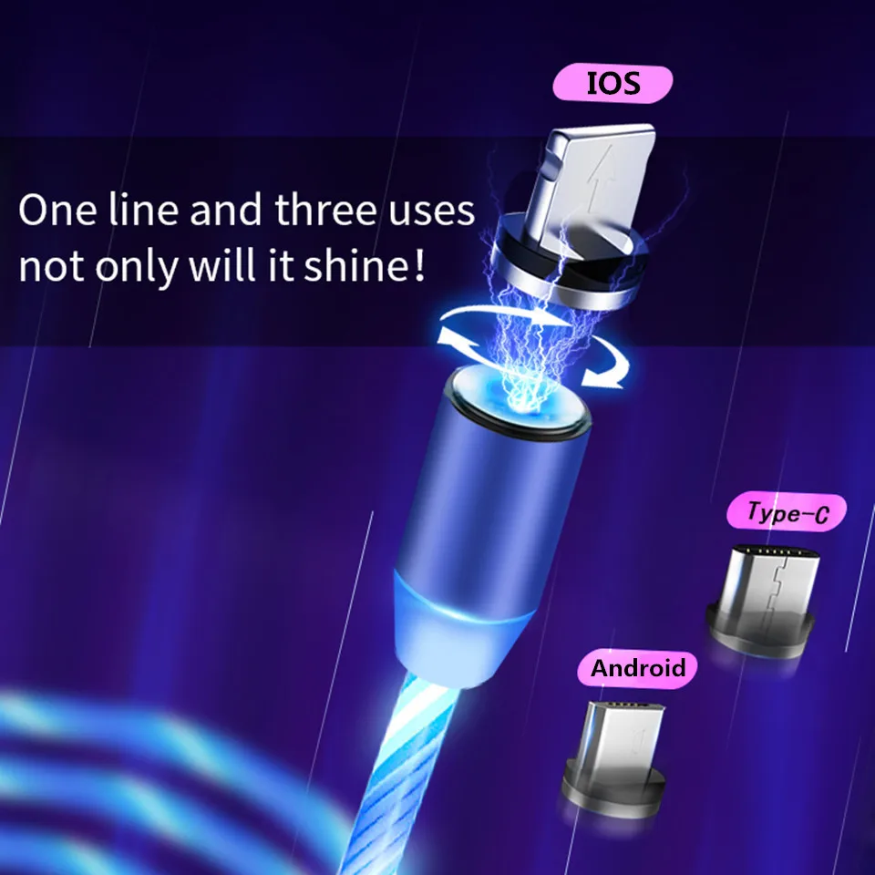 1 м Магнитный зарядный кабель для мобильного телефона usb type C поток светящийся провод для передачи данных для iPhone 11 Pro Samaung S9 светодиодный Micro Kable