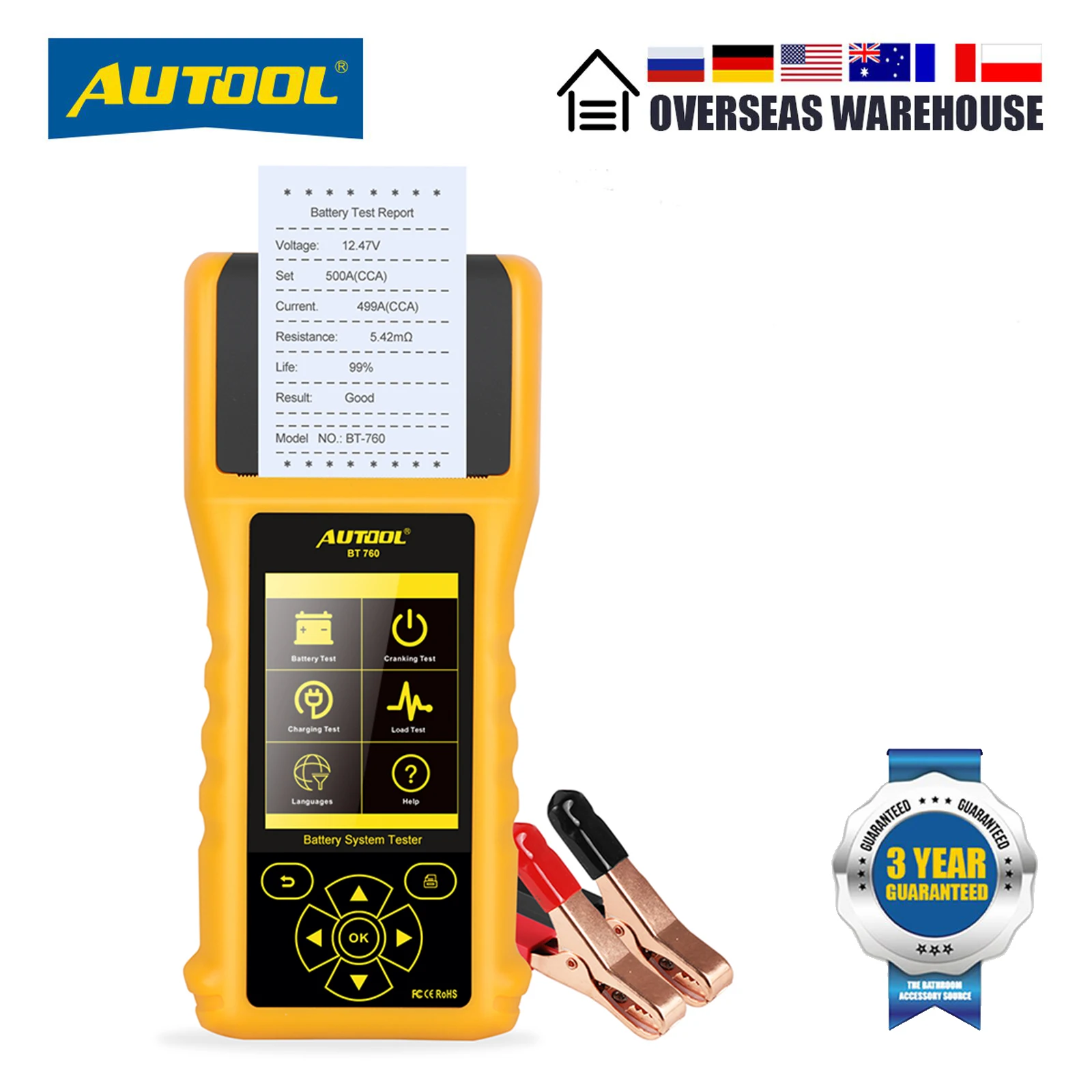 AUTOOL BT760 Car Battery Tester 6- 32V Color Screen Load Battery Analyzer Tester Multifunctional Battery Tester with Printer