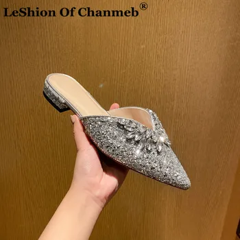 

Brand Designer Women Mules Bling Bling Shoes Woman Flat Shoes Shiny Crystal Ladies Party Wedding Flats Spring zapatos de mujer
