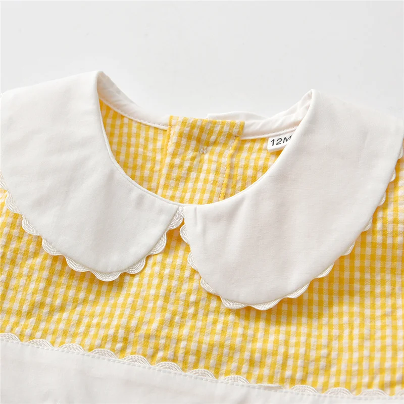 Spanish Baby Girl Plaid Romper Summer Newborn Embroidery Flower Cotton Jumpsuit Infant Baptism Yellow Rompers Toddler Clothes