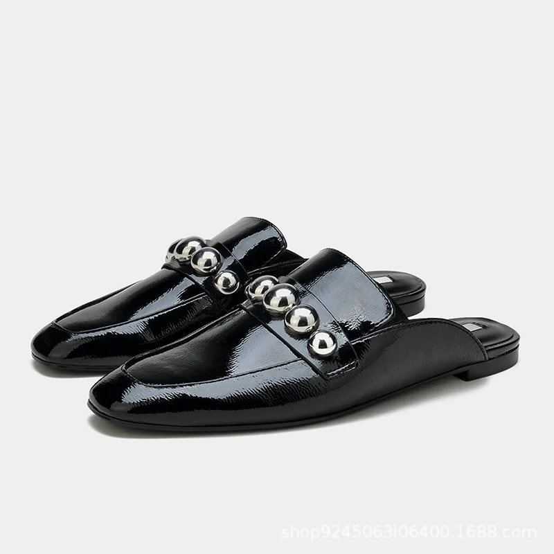 

Women's Shoes Autumn 2021 New Pearl Buckle Flat Moccasin Shoes Ladies Mules Slippers Sexy Luxury Slides British Style Shoes