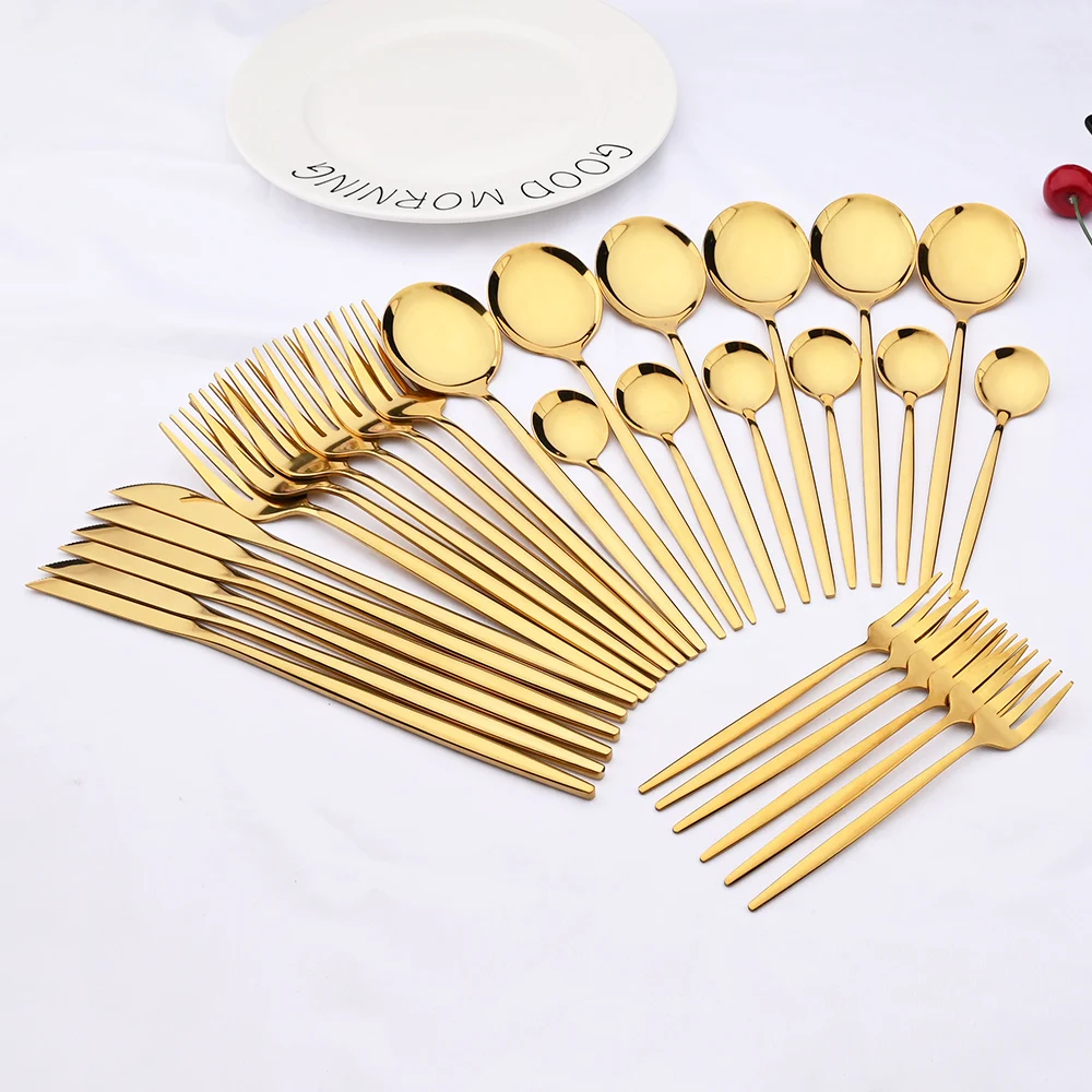30Pcs Mirror Gold Dinnerware Cutlery Set Stainless Steel Black Flatware Western Knife Cake Fork Spoon Kitchen Tableware | Дом и сад
