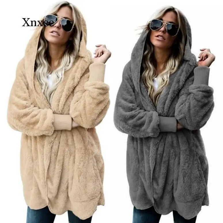 Autumn Winter Jacket Female Coat Causal Soft Hooded Pocket Zipper Fleece Plush Warm  Faux Fur Fluffy Women Jacket