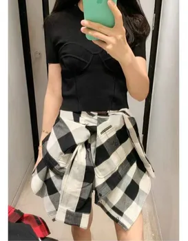 

Women Plaid Sleeves Two Pieces of Casual Pants and Shorts A2