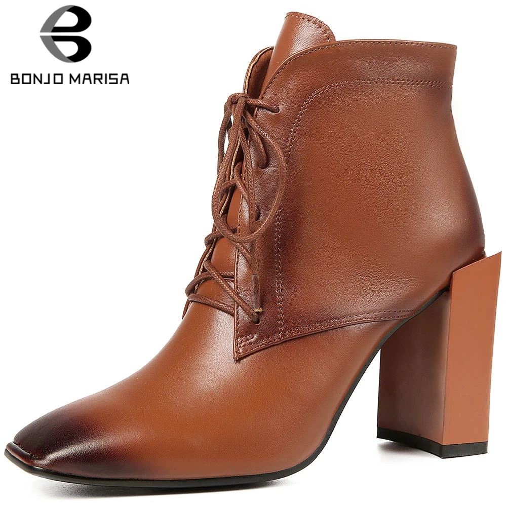 

BONJOMARISA New Brand Square Toe Booties Lady lace-up Genuine Leather Ankle Boots Women 2020 mixed-color High Heels Shoes Woman