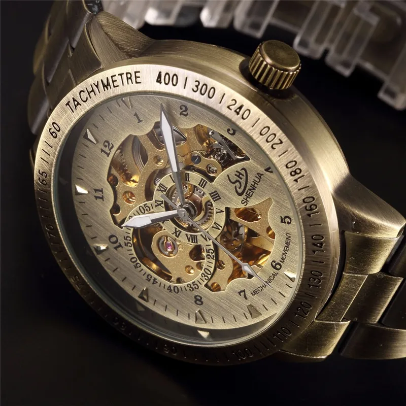 

New Style Shenhua Europe And America Style Men Fashion Casual Hollow Machine Retro Bronze Automatic Analog Watch