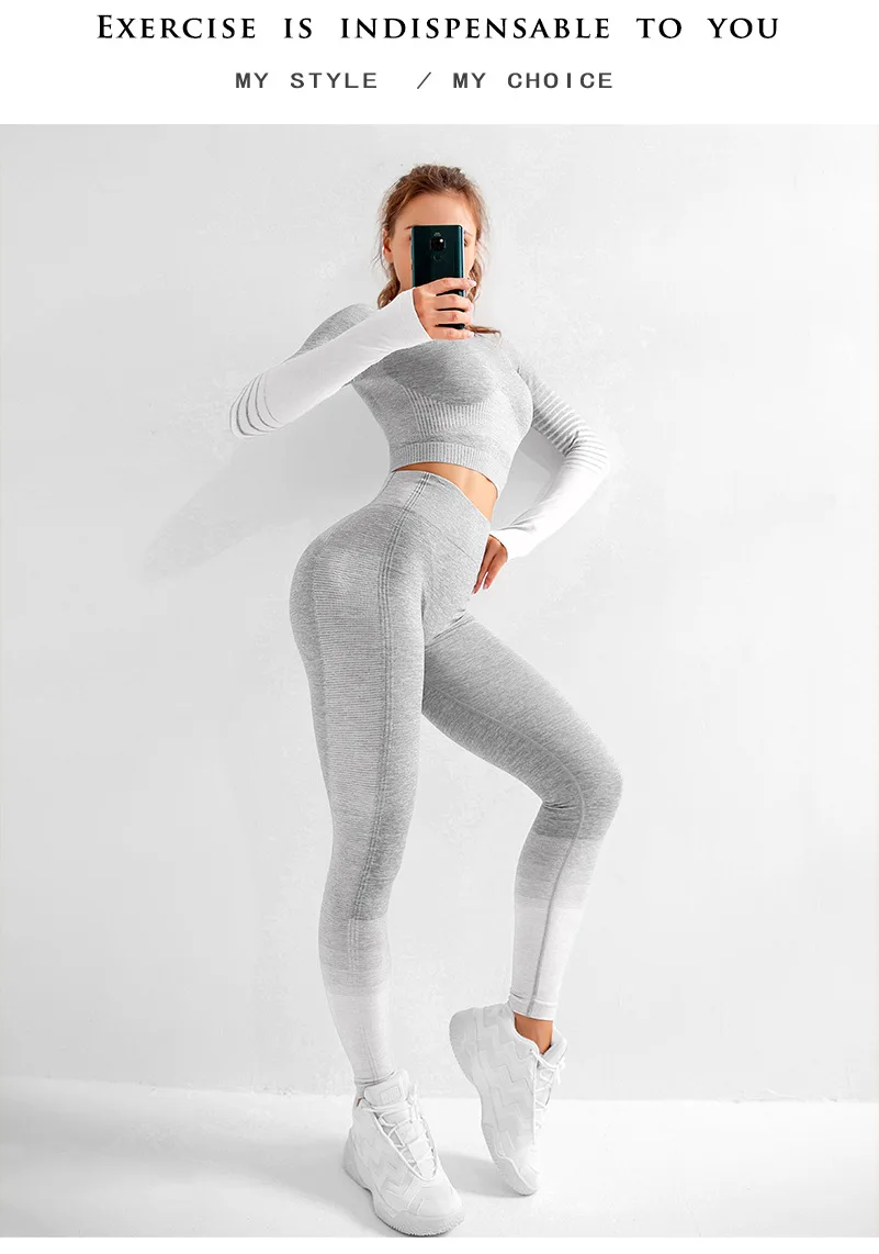 Высокая эластичность бесшовные Упражнения Йога костюм 2 шт. короткий стиль Топ с длинным рукавом и бедра тонкие леггинсы тренажерный зал упражнения фитнес одежда