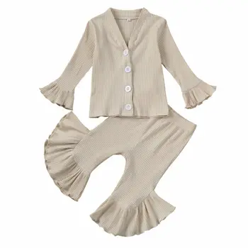 

Pudcoco US Stock 1-6 Years Toddler Baby Kids Girl Autumn Clothes Set Knitted Cotton Tops Ruffle Solid Long Pants Outfits Set