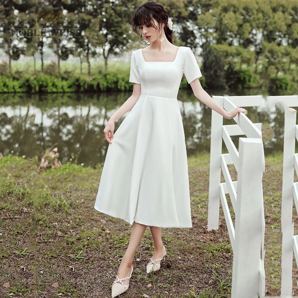 Prom Dress A-Line Short Prom Dress  Cocktail Dresses  Satin  Tea-Length  Sexy Prom Dress with Short Sleeves