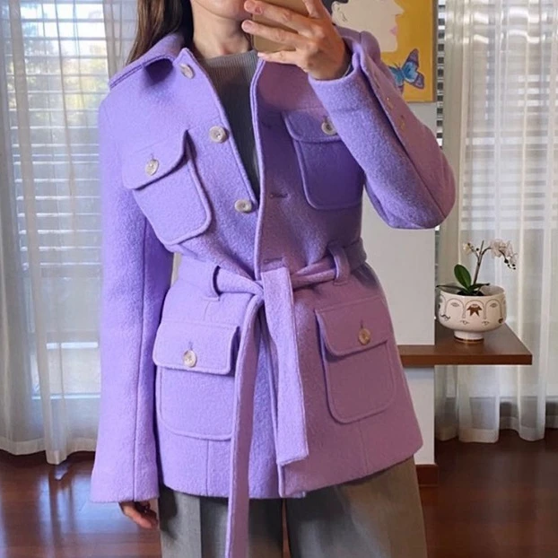 

Coat 2021 Women's Autumn and Winter New Style Taro Purple Multi-pocket Lace-up Waist Woolen Jacket