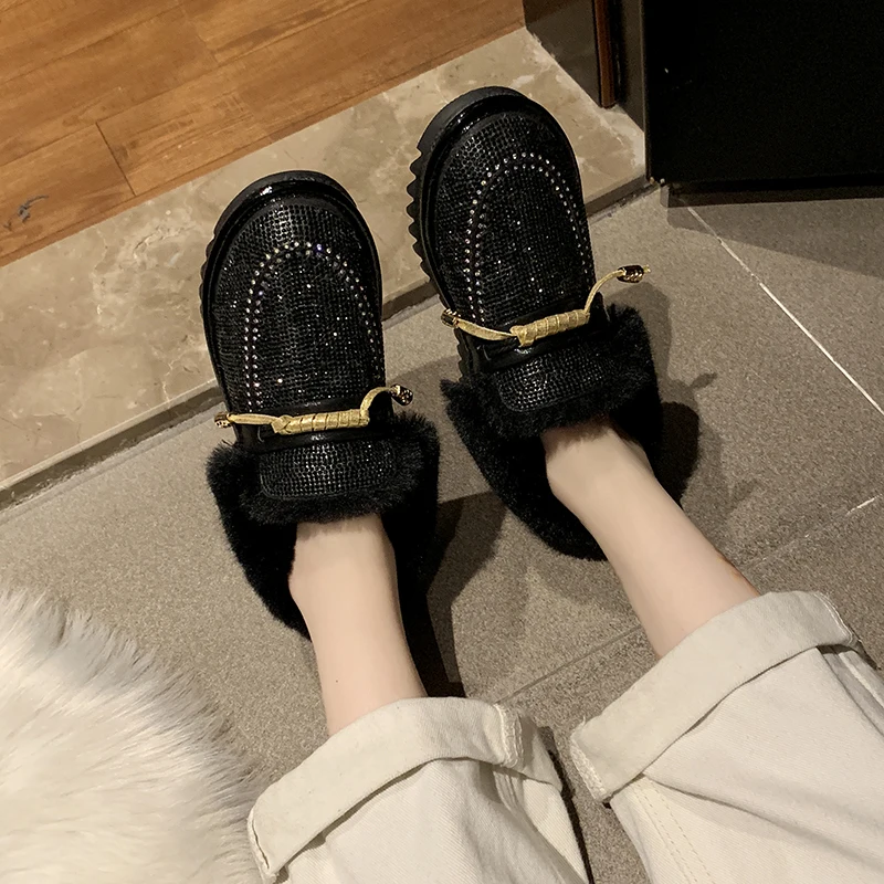 Lucyever, модные женские зимние ботинки с кристаллами женская зимняя обувь с хлопковыми стельками без шнуровки с толстым плюшем женские ботинки на плоской подошве без застежки