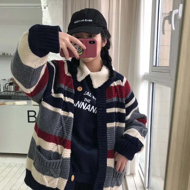 

Women Autumn Fashion Color Contrast Striped Sweaters Loose Casual Rainbow Knit Cardigan Cotton Thick Warm Twist Jumpers Sweaters