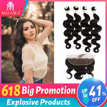 

Malaika body wave Bundles with 100% Human Hair Extension natural color 4 bundles with lace front wig wigs for black women