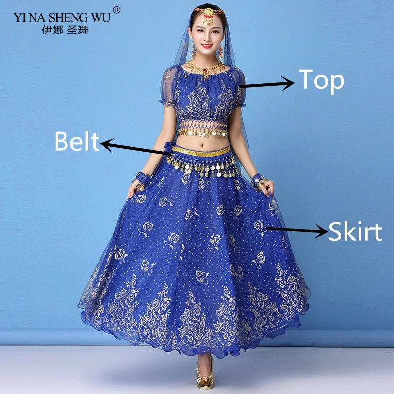 Royal blue 3pcs Набор костюма для танца живота Индийский танец сари танец живота юбка для женщин шифон 7 шт.(головные уборы вуаль Топ Пояс юбка ожерелье серьги - Цвет: Royal blue 3pcs