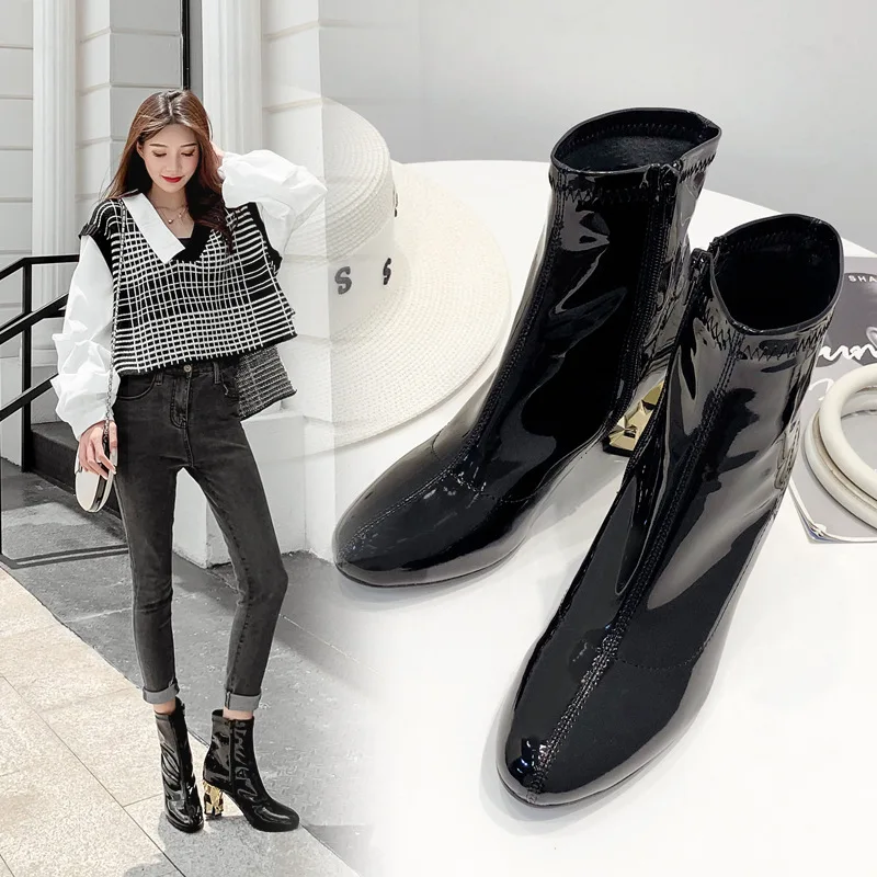 

Shoes Women's Rubber Boots Booties Ladies Luxury Designer Zipper Bootee Woman 2019 Chunky Heel Round Toe Rain Autumn Winter