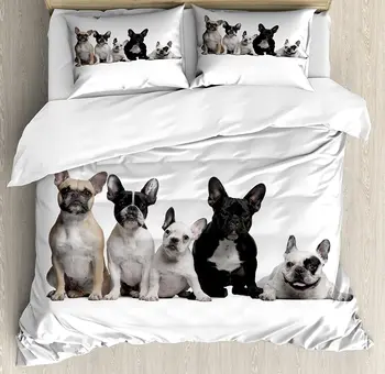 

Bulldog Duvet Cover Set Group of Young French Bulldogs with Adorable Expressions Animal Lover Photo Bedding Set