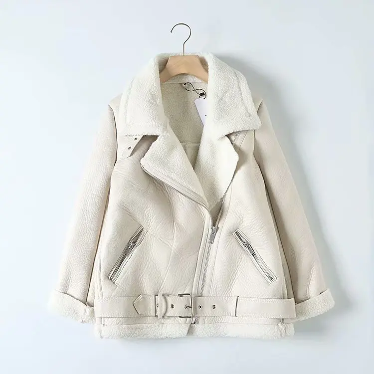 Winter Jacket Women Slim Sashes Faux Leather Jacket Women Coat Zipper Casual Thick Warm Wool Lamb Jackets Outwear Female Tops - Цвет: Off-white