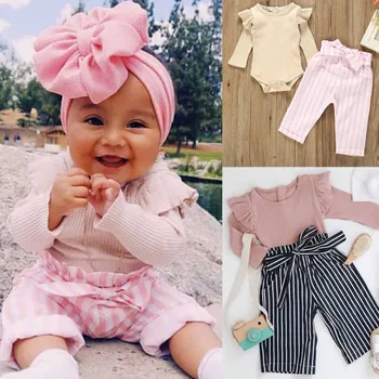 

Autumn Baby Girl Boy Clothes Newborn Sets Outfit Pink Long Short Romper Bodysuit Stripe Long Pants 2Pcs/set kit Top 12