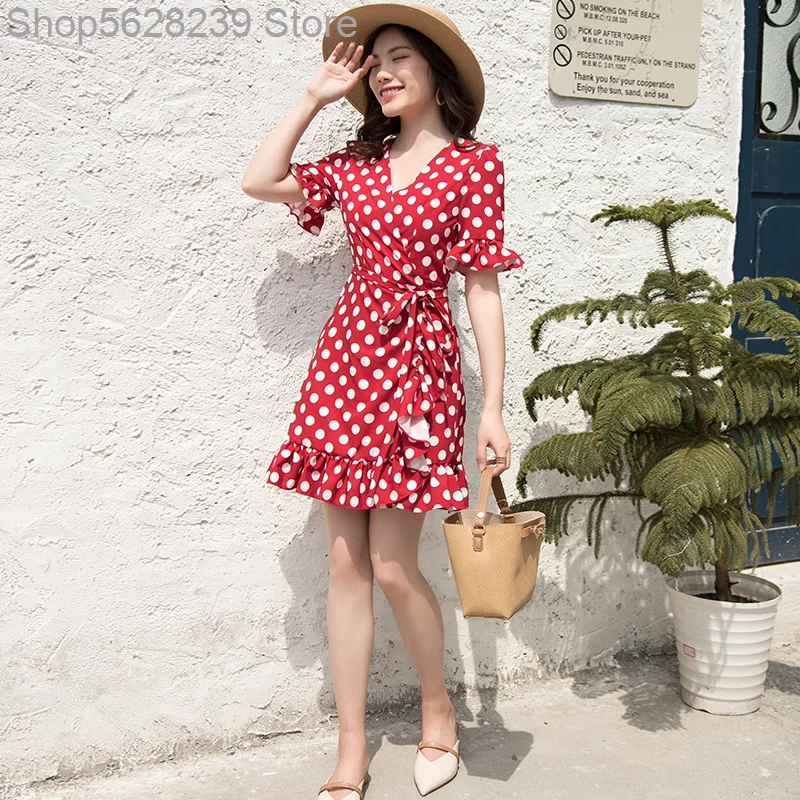 

2020 Wave Point Printing Chiffon Dress Leisure Temperament Seaside Vacation Beach Skirt Short Sleeve Short Skirt