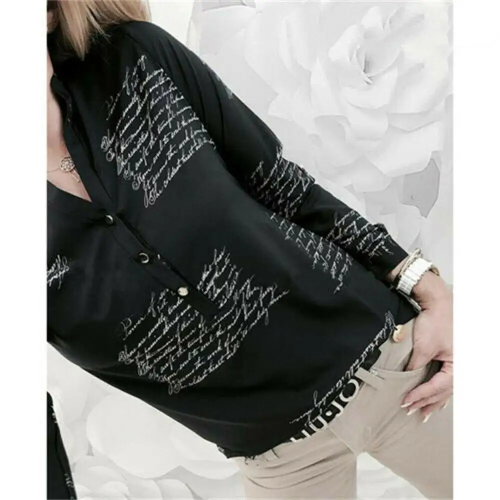 

Women Long Sleeve V-neck Button Letter Print Shirt New Fashion OL Ladies Casual Long Sleeve Shirt 2 Colors