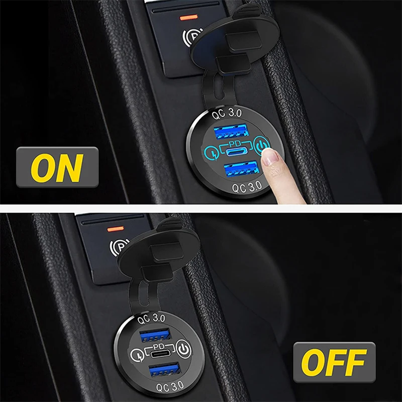 12V/24V Triple Aluminum Metal 60W USBC Multiple Car Charger Socket PD3