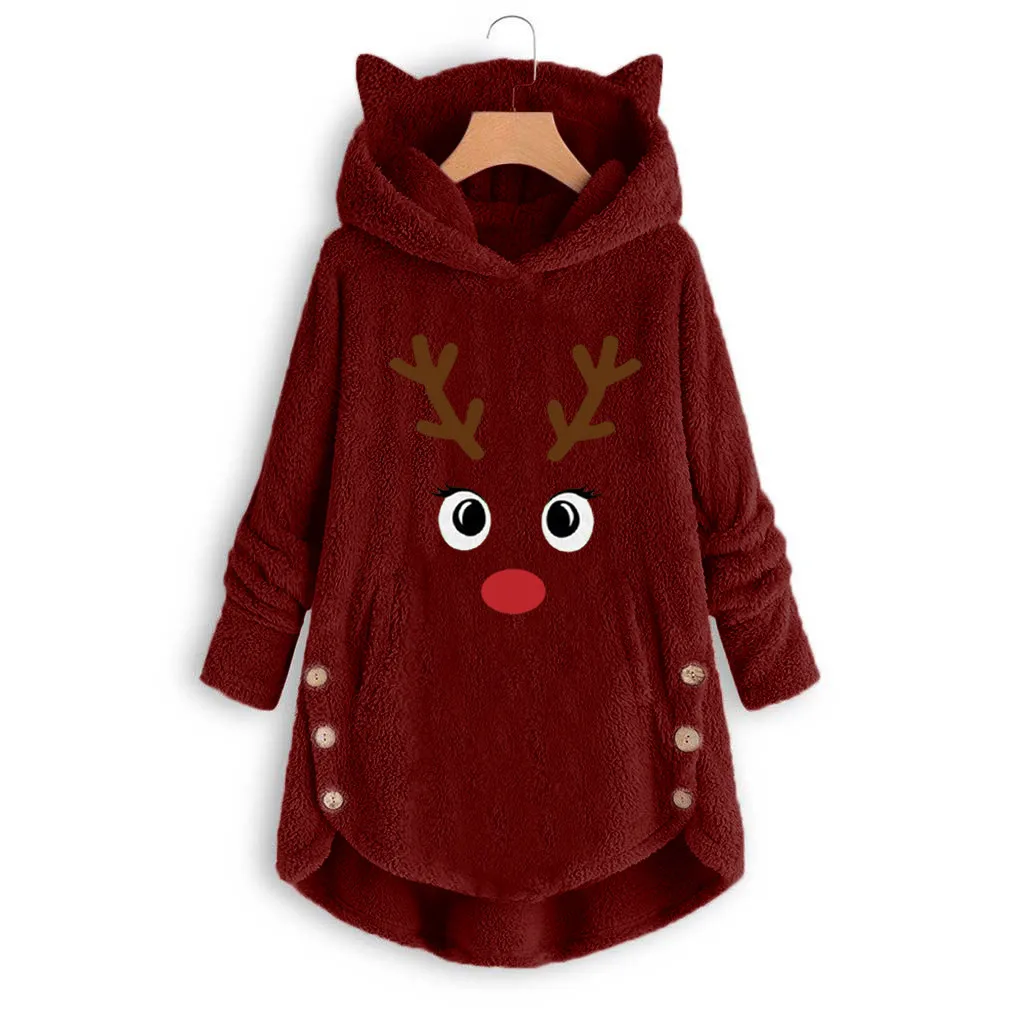 Женская толстовка, флисовый пуловер большого размера, топ для веселого рождества, милый топ с длинными рукавами и ушками, женская одежда на осень и зиму