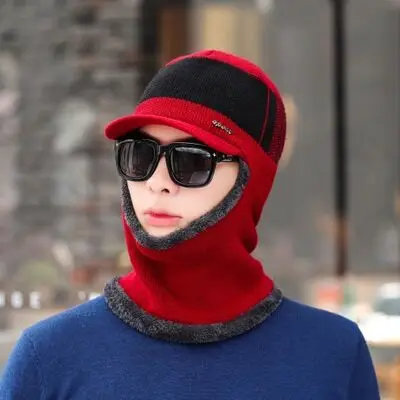 Зимние шапки Skullies Beanies, зимние шапки бини для мужчин и женщин, шерстяной шарф, шапки, Балаклава, маска, шапка, вязаная шапка - Цвет: wine red