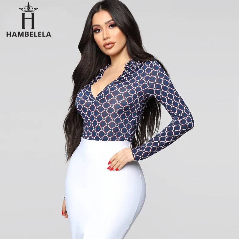 HAMBELELA Women Elegant V Neck Plaid Printed Bodysuits Shirt Casual Siamese Blouse Long Sleeve Playsuits Feminina Blusas (8)