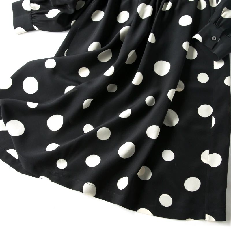 Женское шелковое платье, шелк, черно-белые точки, платья с принтом, стоячий воротник, длина до колен, платье с поясом, осень зима
