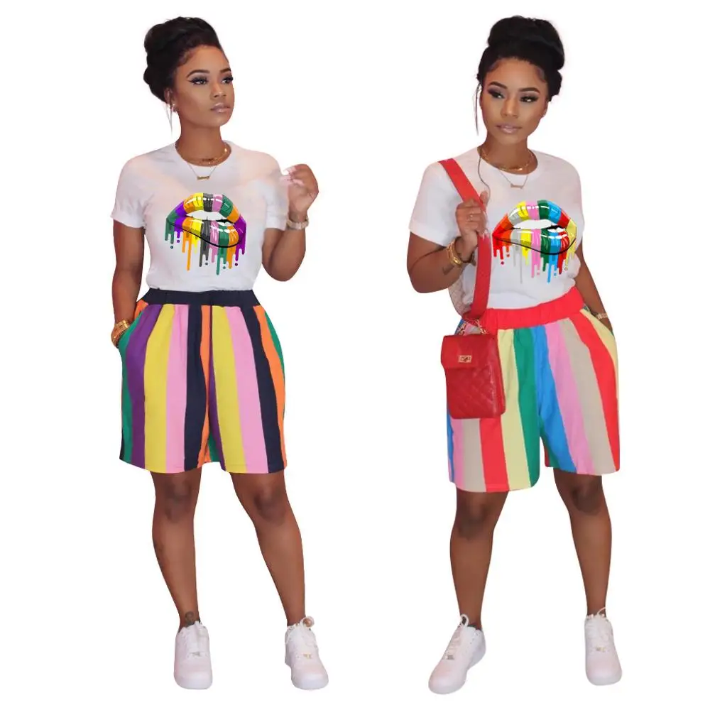 

2020 New Arrival Women Set Color Lip Print 2 Piece Set Outfit Casual Short Sleeve T Shirts + Pants Tracksuit Suit