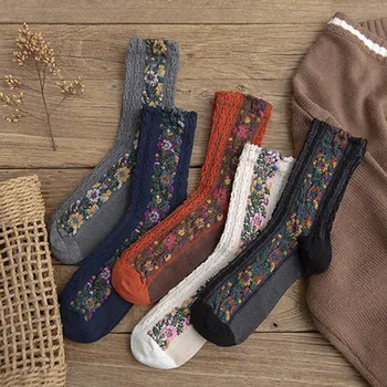 

Floral Funny Socks Women Warm Cotton Cute Socks Art Handmade Creative Colorful Sunflower Embroidery Novelty Socks