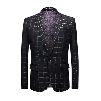 

2020 New Men Grid Suit Blazer Bronzing Occident Luxury Gala Banquet Dress Coat Black Slim Fit Pop Performance Outfit Jacket